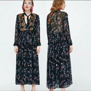 Zara Woman Boho Festival Embroidered Beaded Tie Neck Floral Maxi Dress Size XS